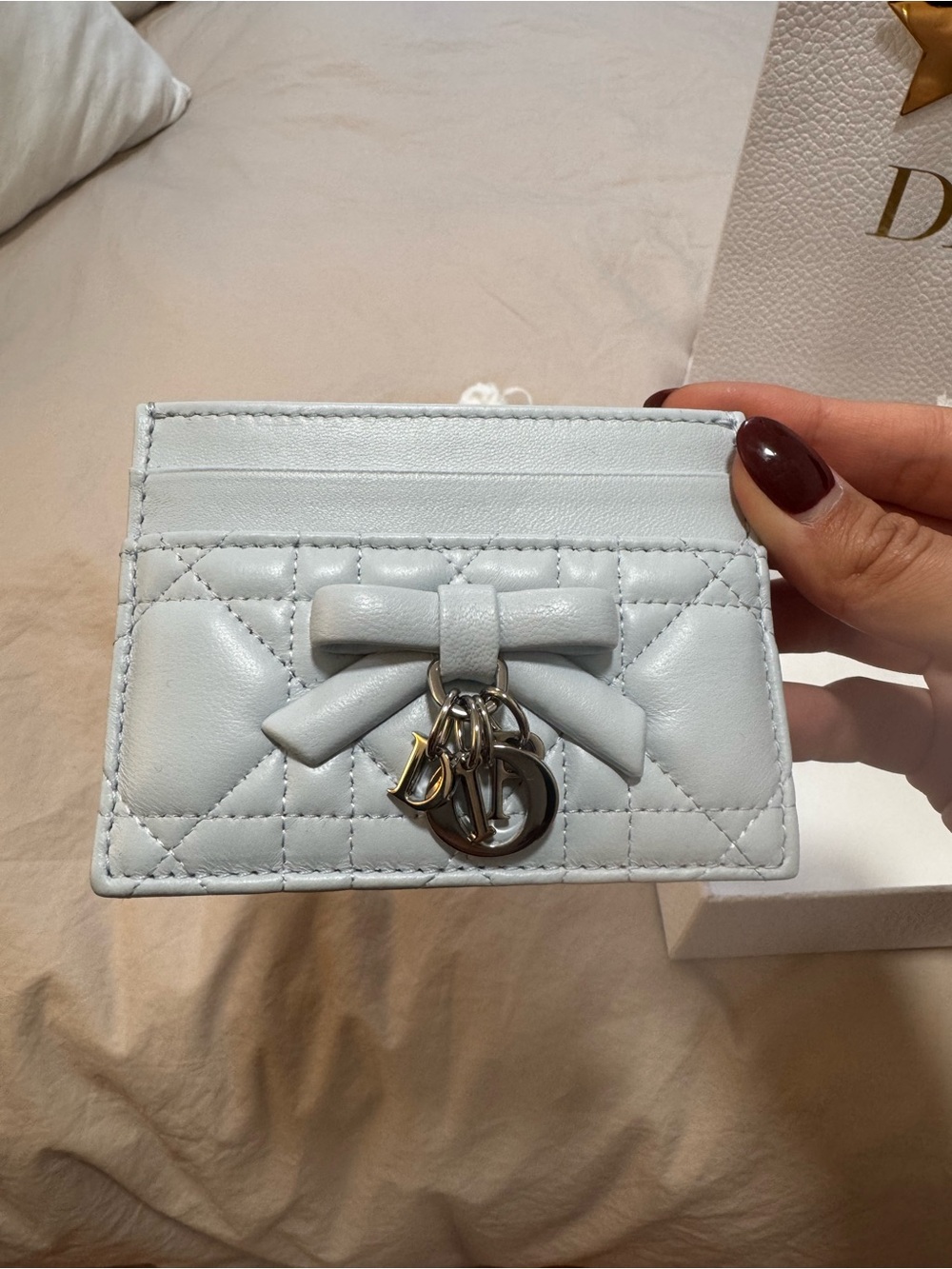 Dior Lady Dior Cannage Bow Card Holder – Light Blue | Brand New